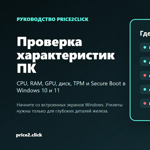 Интерфейсы Windows для проверки характеристик ПК: Параметры, Диспетчер задач, msinfo32, dxdiag и Безопасность Windows.