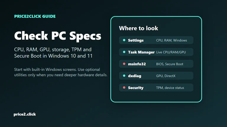 Windows PC spec-check workflow showing Settings, Task Manager, System Information, dxdiag and Windows Security.