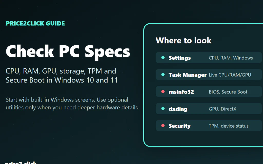 Windows PC spec-check workflow showing Settings, Task Manager, System Information, dxdiag and Windows Security.