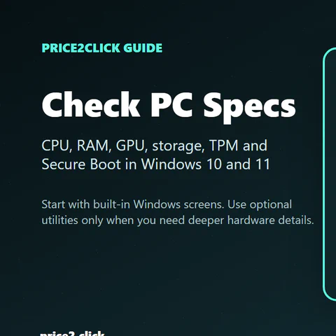 Windows PC spec-check workflow showing Settings, Task Manager, System Information, dxdiag and Windows Security.