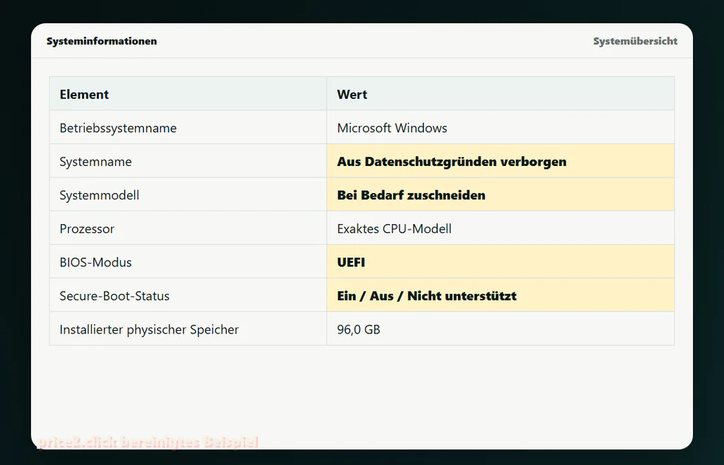 Bereinigtes deutsches Beispiel der Systeminformationen mit BIOS-Modus und Secure-Boot-Status; private Systemfelder sind verborgen.