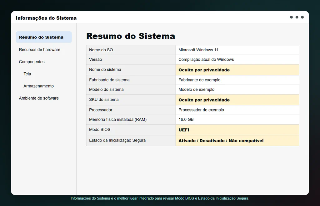 Tela Resumo do Sistema do Informações do Sistema mostrando as linhas Modo BIOS e Estado da Inicialização Segura com campos privados ocultos.