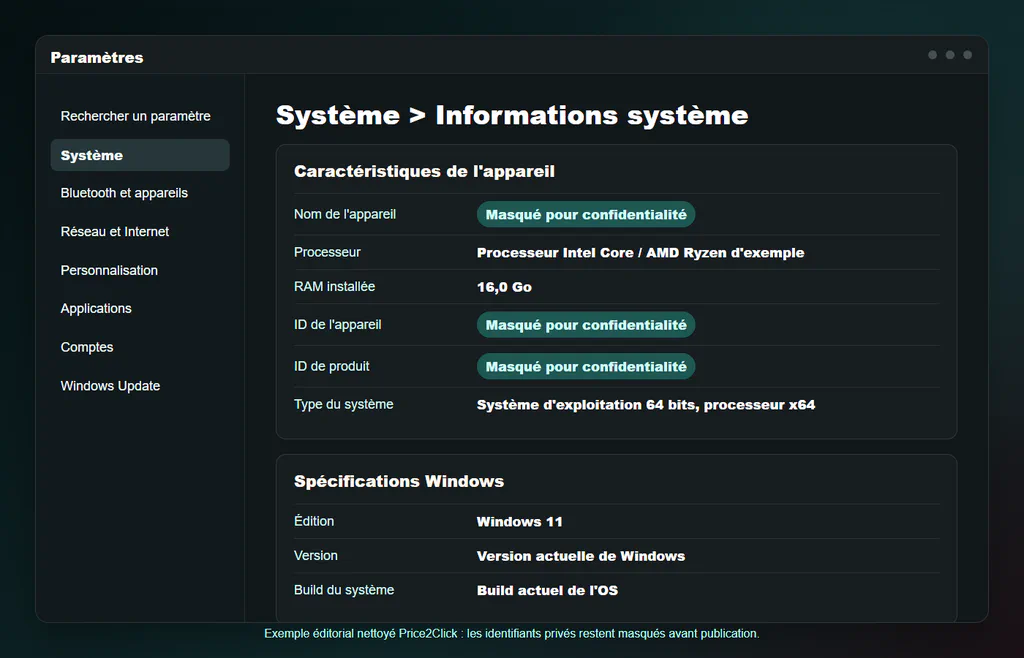 Page Informations système des Paramètres Windows nettoyée, montrant où apparaissent le processeur, la RAM installée, le type de système et les spécifications Windows, avec les IDs privés masqués.