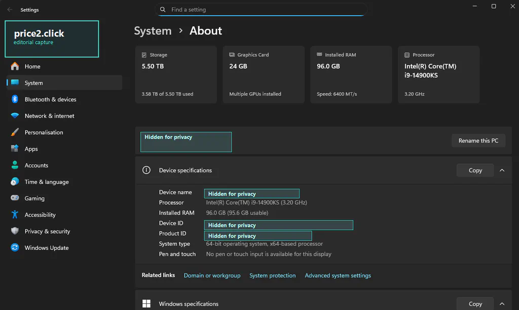 Sanitized Windows Settings About page showing where processor, installed RAM, system type and Windows specifications appear, with private IDs hidden.
