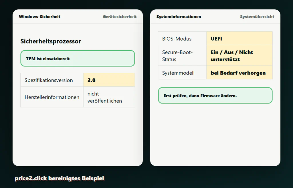 Bereinigtes deutsches Beispiel für Windows-Sicherheit und TPM-Status mit bereitem TPM, Spezifikationsversion 2.0 und Secure-Boot-Hinweis.