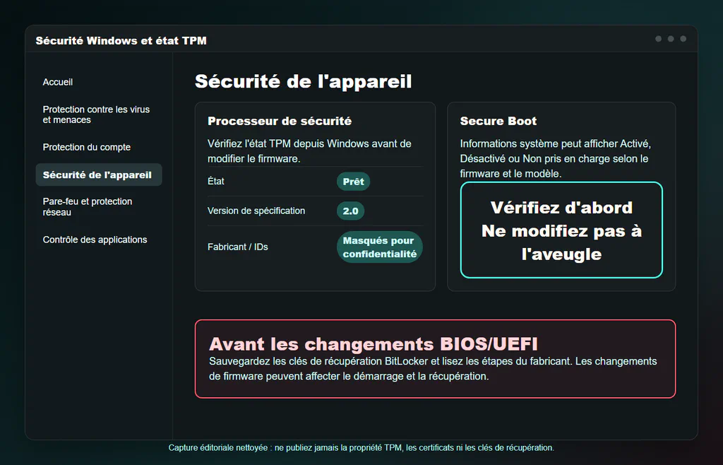 Exemple nettoyé de Sécurité Windows et de l'état TPM montrant TPM prêt, version 2.0 et une mise en garde Secure Boot.