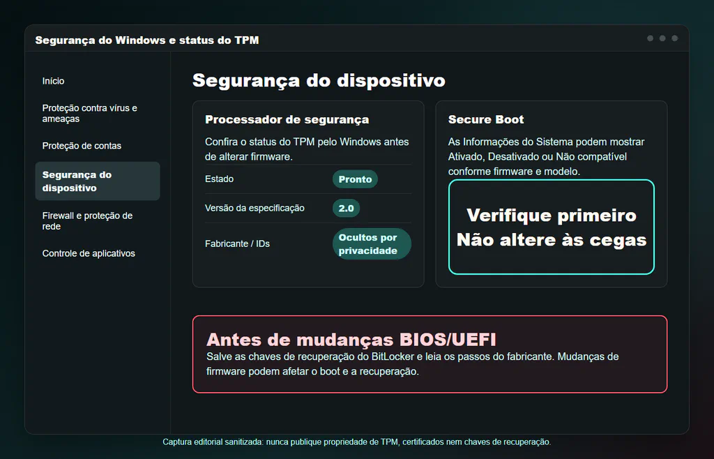 Tela de exemplo de Segurança do Windows e status do TPM mostrando TPM pronto, versão de especificação 2.0 e alerta de Secure Boot.