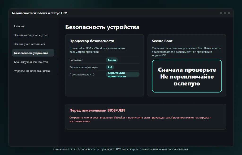 Пример экранов Безопасность Windows и TPM, где видно готовность TPM, версию 2.0 и предупреждение по Secure Boot.