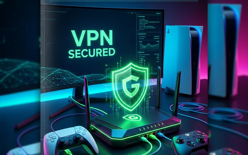 Gaming controller with VPN shield overlay.