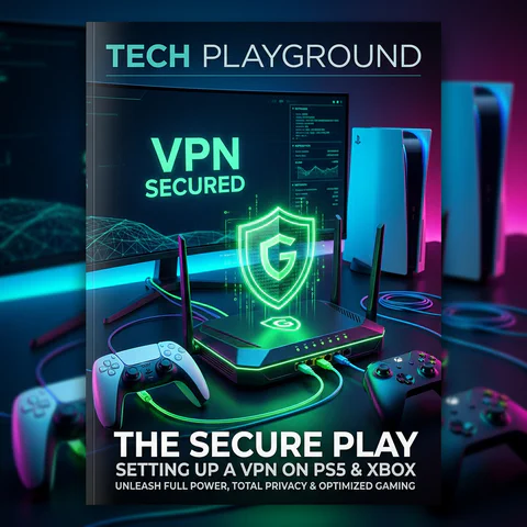 Игровые консоли и роутер с визуальным символом VPN-защиты.