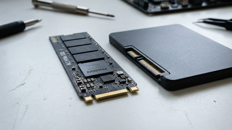 An M.2 NVMe SSD stick resting next to a 2.5-inch SATA SSD on a workbench.