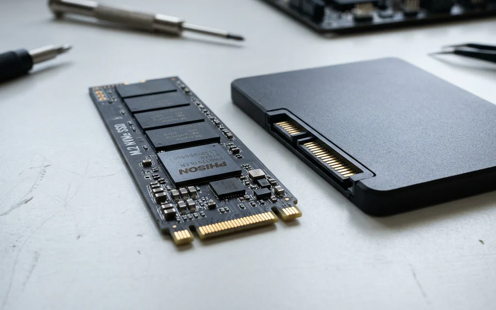 An M.2 NVMe SSD stick resting next to a 2.5-inch SATA SSD on a workbench.