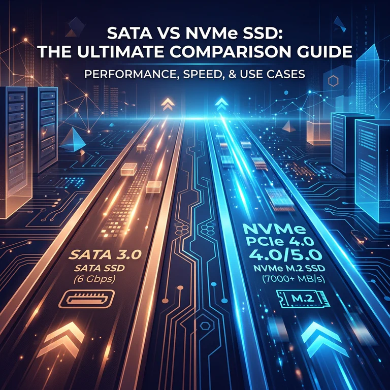 Price2Click original SATA vs NVMe comparison diagram showing physical shapes and protocols.