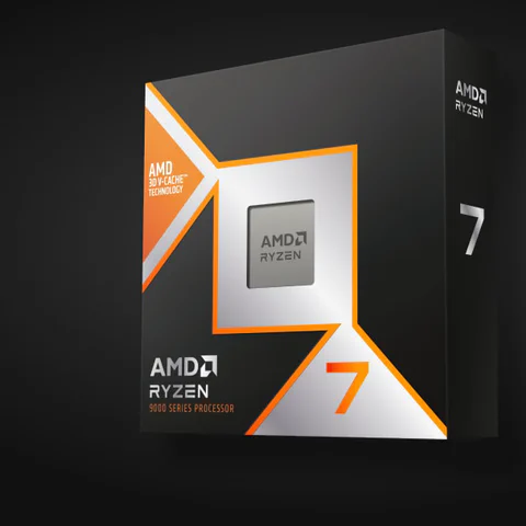 Caixa do AMD Ryzen 7 9800X3D em fundo escuro de produto.
