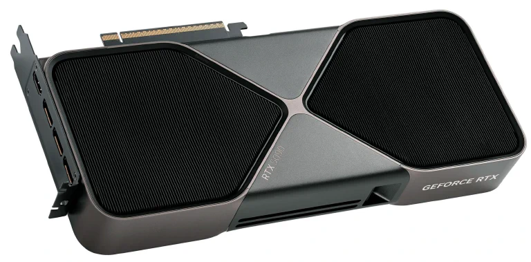 A sleek, futuristic-looking NVIDIA RTX 50-series graphics card on display.