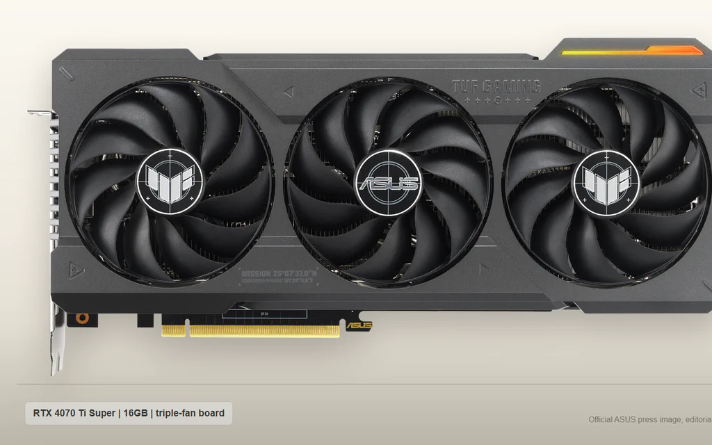 ASUS TUF Gaming GeForce RTX 4070 Ti Super triple-fan graphics card from an official ASUS press image.