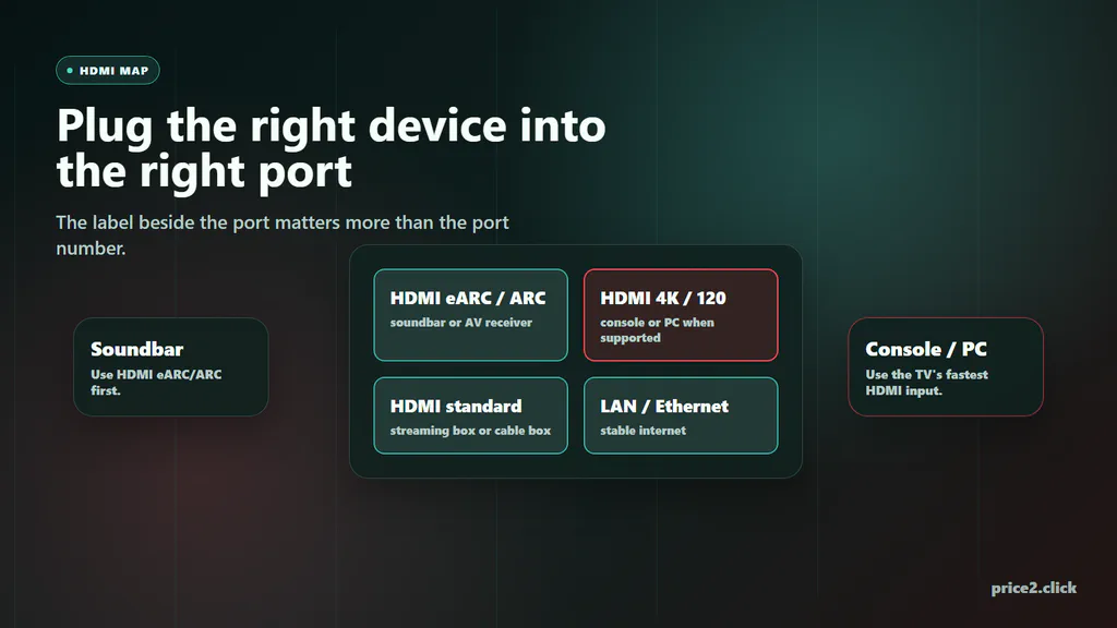 HDMI port map showing eARC or ARC for soundbars, a fast HDMI port for console or PC, standard HDMI for streaming boxes, and Ethernet for stable internet.