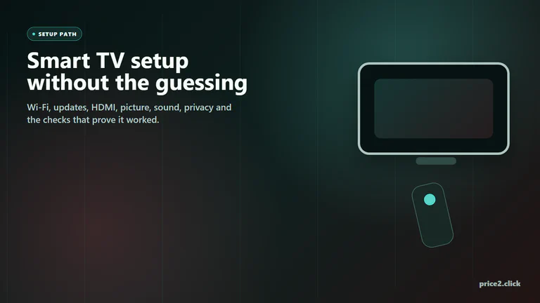 Smart TV setup guide cover with a TV, remote and practical setup checklist style.