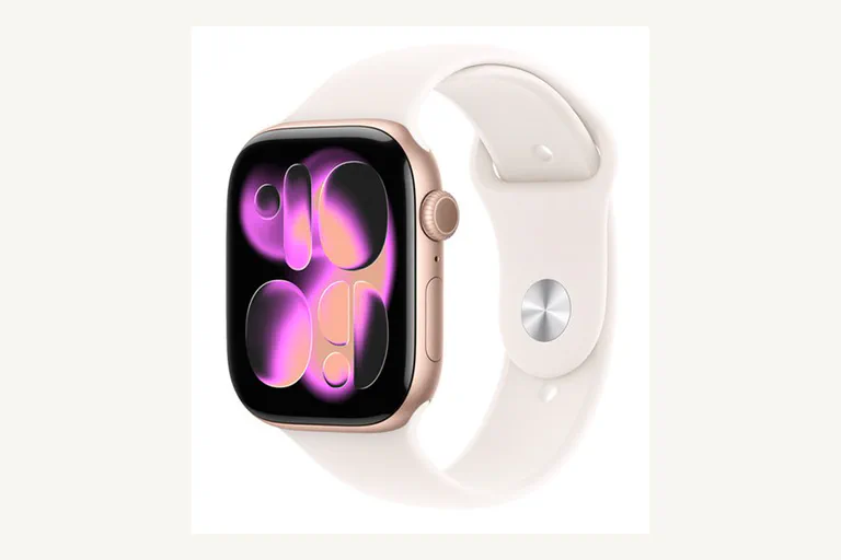 Imagem oficial de Apple Watch em acabamento claro.