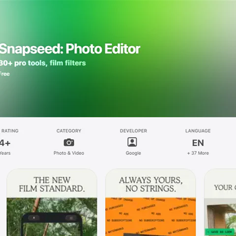 The Snapseed App Store listing showing the free photo editor, rating, developer and preview screenshots.
