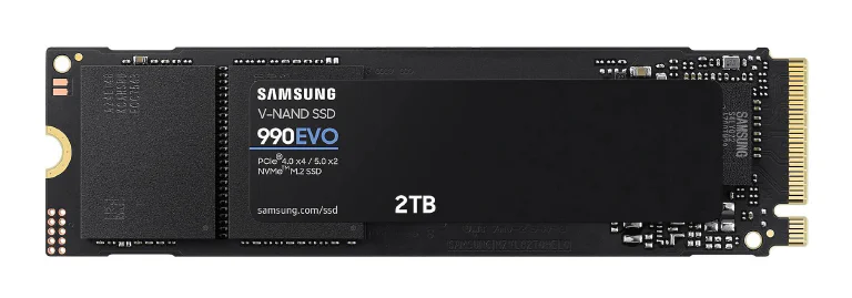 A sleek product shot of the Samsung 990 Pro NVMe SSD, both with and without its heatsink.