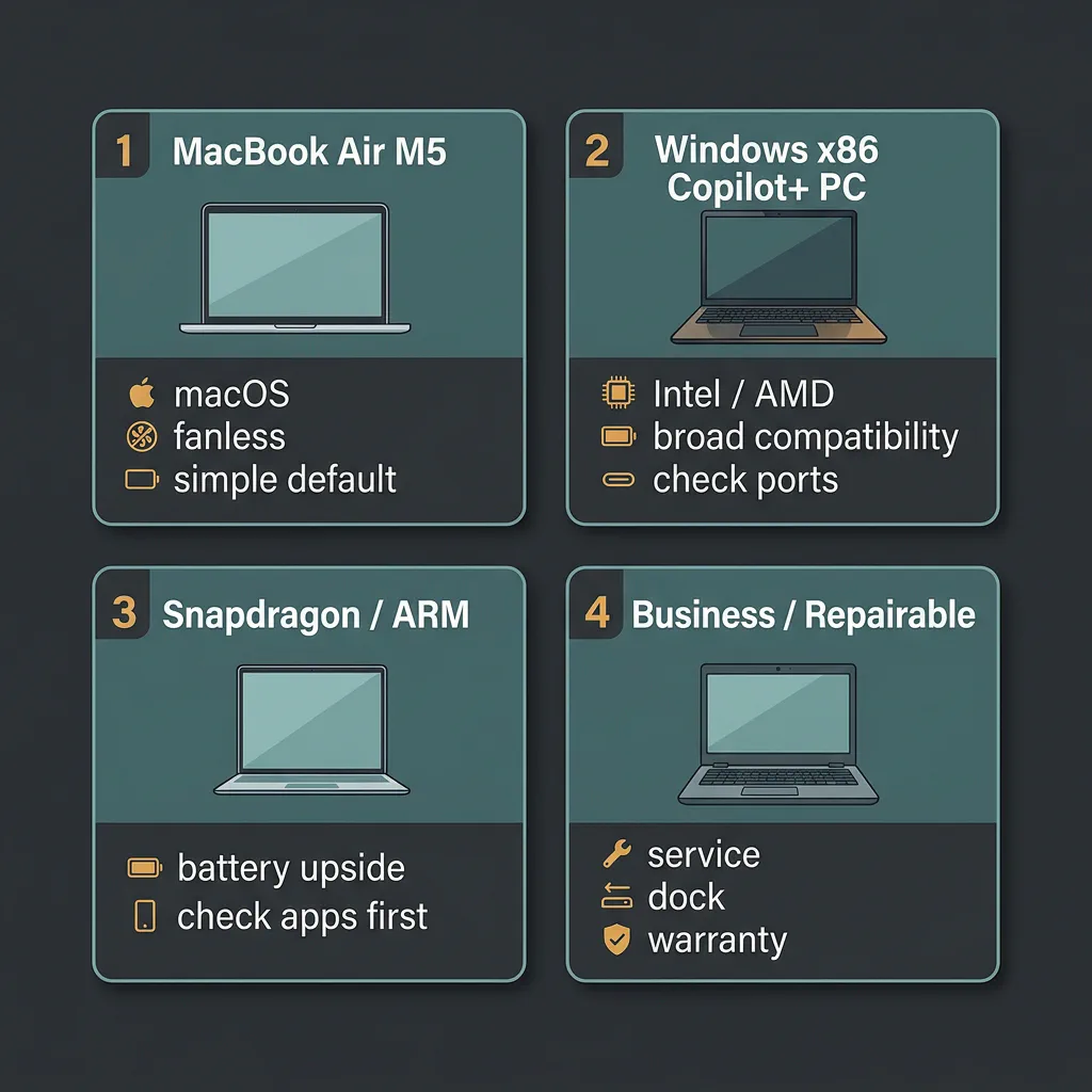 Lanes comparison graphic showing MacBook Air M5, Windows x86, Snapdragon ARM, and Business lanes side-by-side.