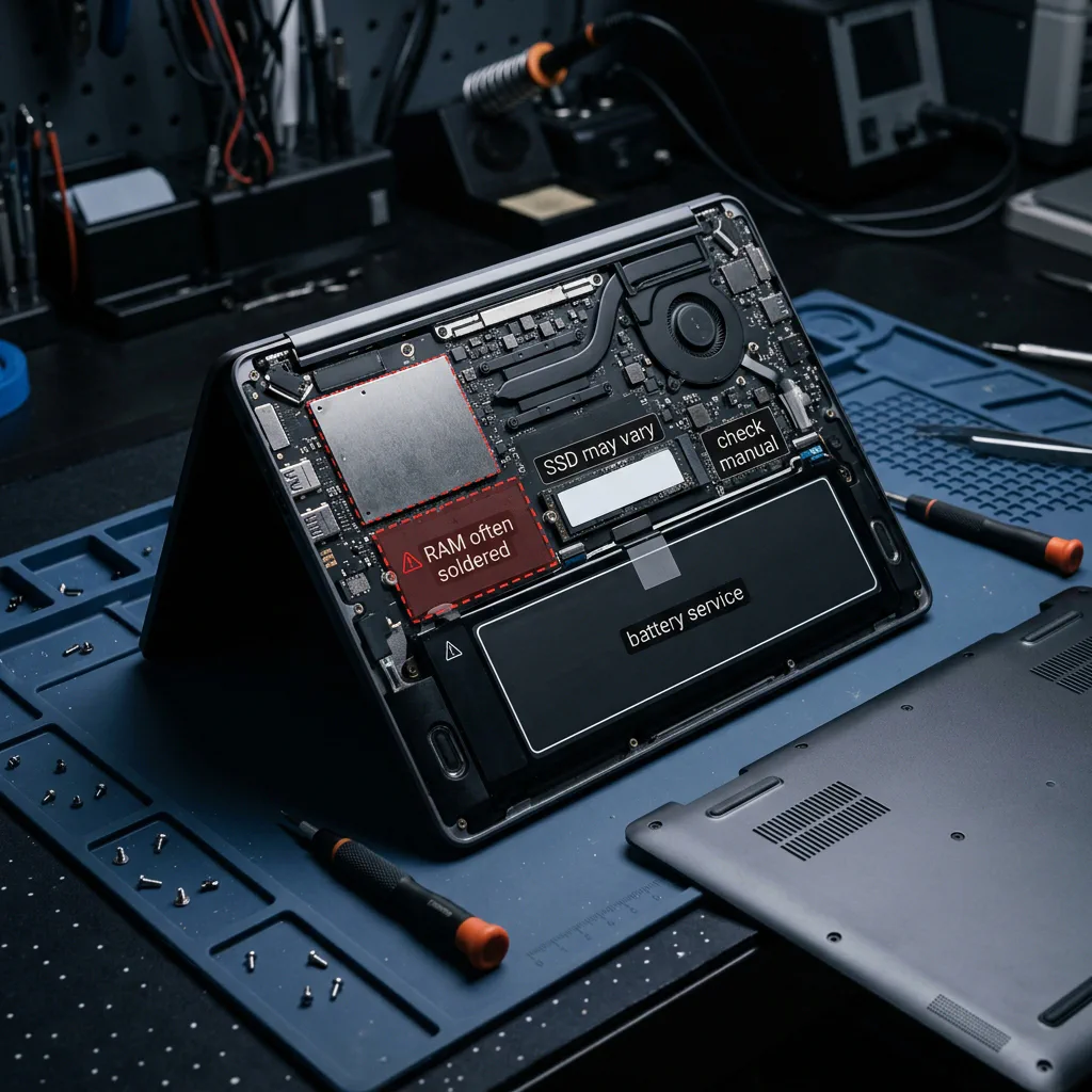 Thin laptop chassis opened on a workbench showing soldered RAM, battery service path, and a user-replaceable SSD.