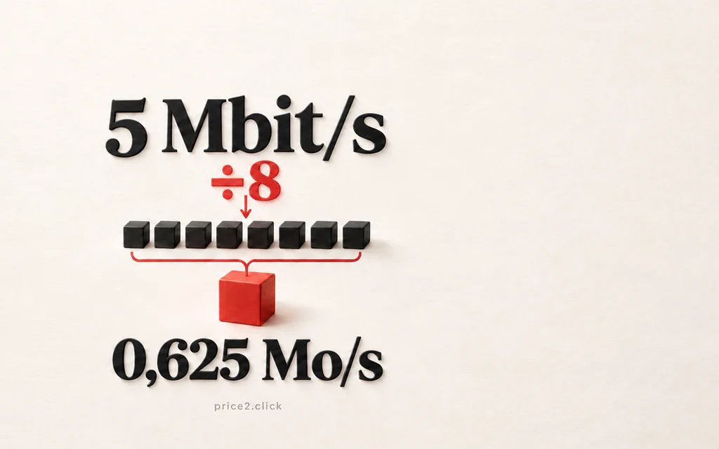 5 Mbit/s divisés par huit donnent 0,625 Mo/s ; huit petits blocs se regroupent en un seul.