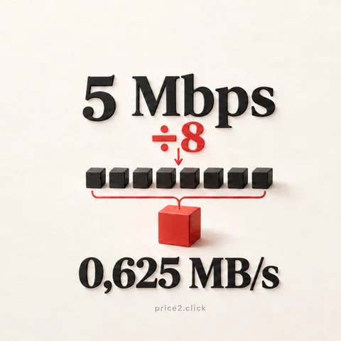 5 Mbps geteilt durch acht ergibt 0,625 MB/s; acht kleine Blöcke werden zu einem großen Block.
