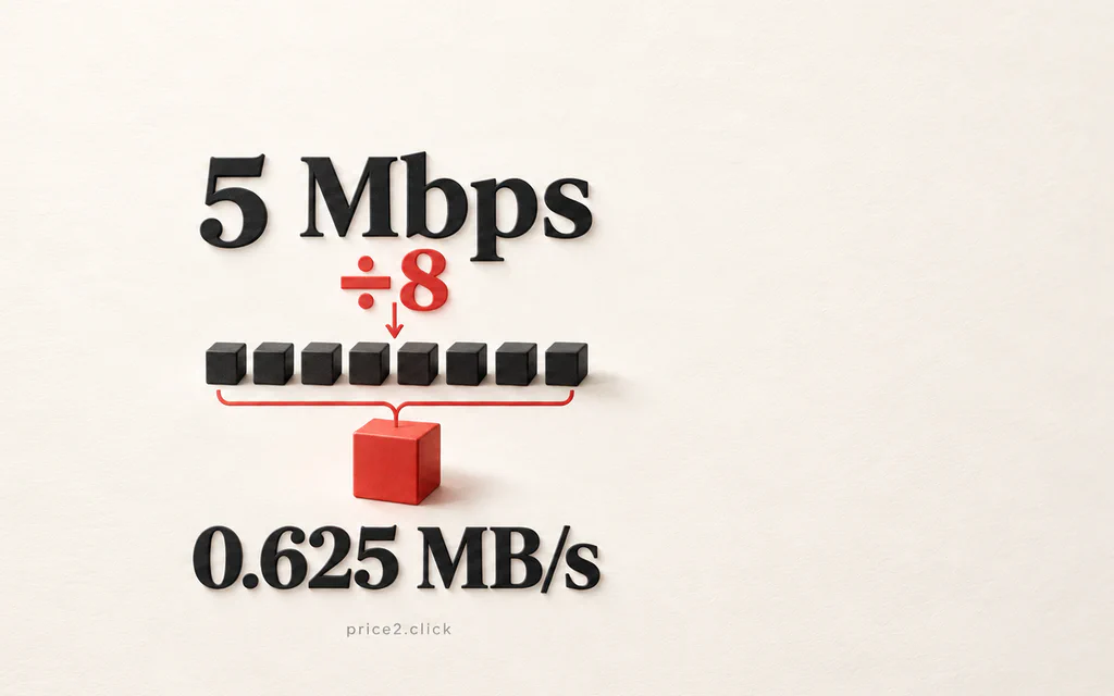 5 Mbps divided by eight equals 0.625 MB/s, illustrated by eight small blocks combining into one.
