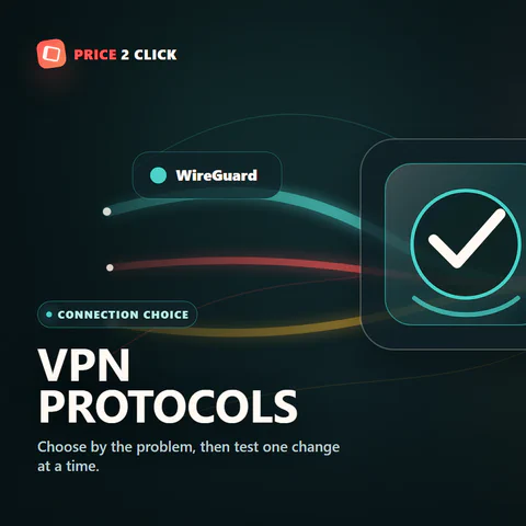 Схема выбора VPN-протокола: маршруты WireGuard, OpenVPN TCP и IKEv2 сходятся в зашифрованное соединение.