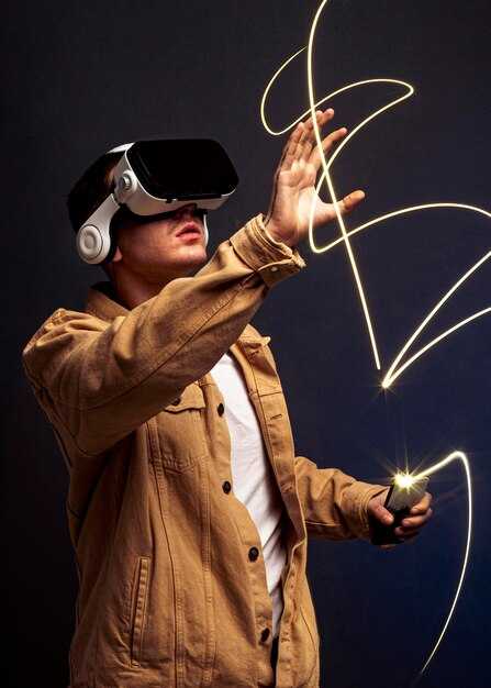 An architect using a VR headset to walk through a virtual model of a building.