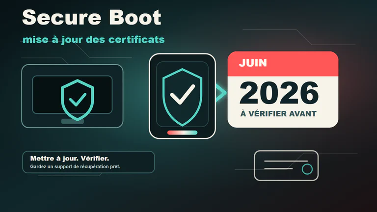 Illustration éditoriale Secure Boot avec échéance juin 2026 et rappel de vérifier les certificats avant la transition.
