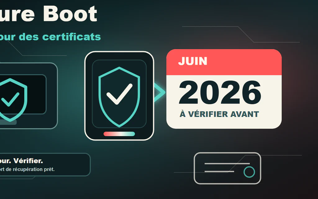 Illustration éditoriale Secure Boot avec échéance juin 2026 et rappel de vérifier les certificats avant la transition.