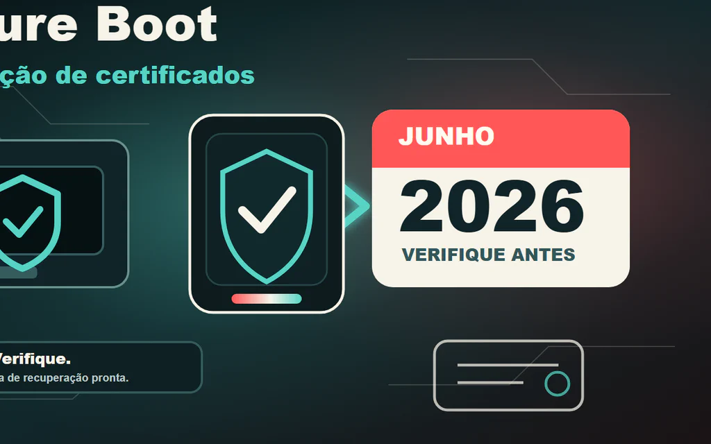 Ilustração editorial de um caminho de boot de PC Windows passando por uma verificação de certificado do Secure Boot antes de um prazo de junho de 2026.