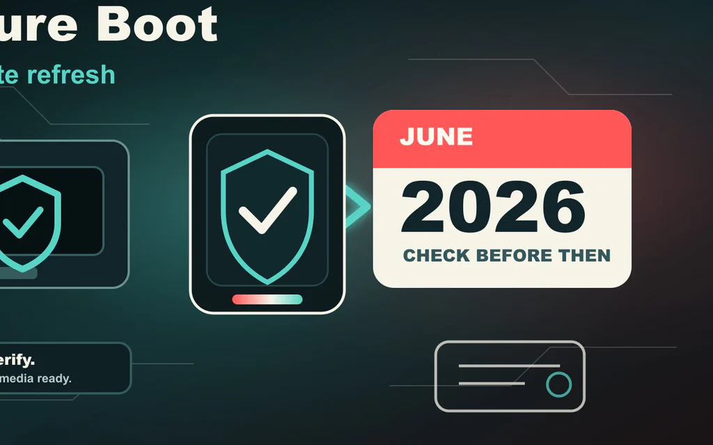 Editorial illustration of a Windows PC boot path passing a Secure Boot certificate check before a June 2026 deadline.