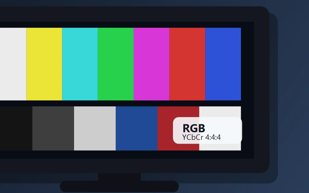 A TV screen with color bars and RGB and YCbCr 4:4:4 labels.