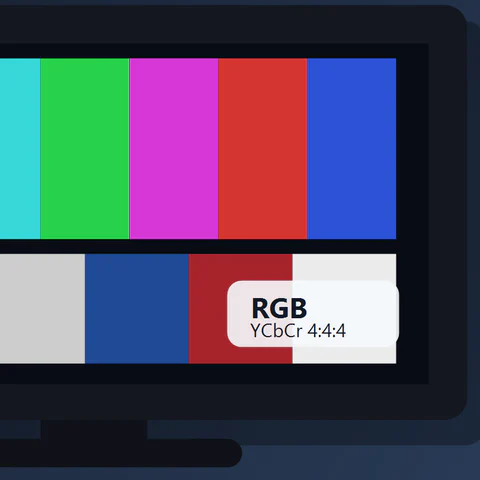 A TV screen with color bars and RGB and YCbCr 4:4:4 labels.