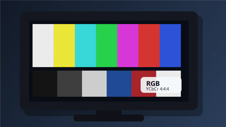 A TV screen with color bars and RGB and YCbCr 4:4:4 labels.
