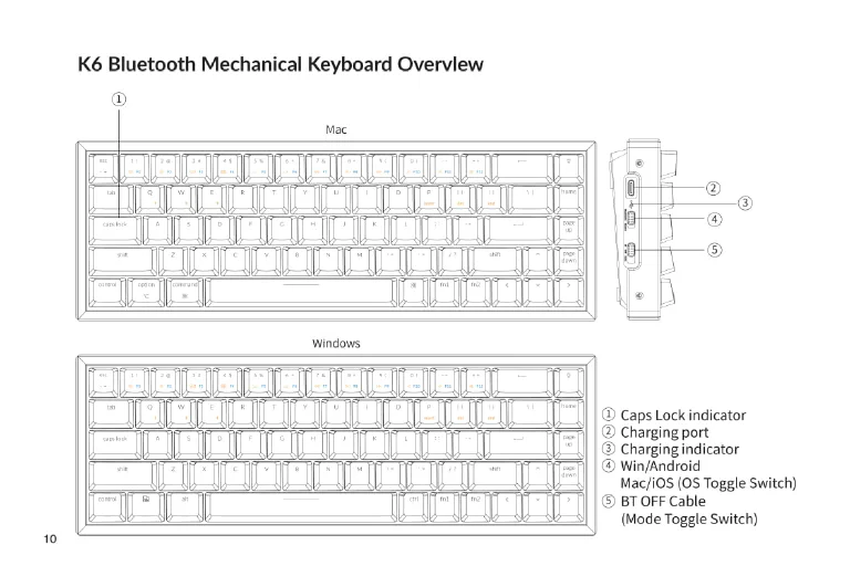 A diagram showing the USB-C cable connecting the K6 keyboard to a laptop.